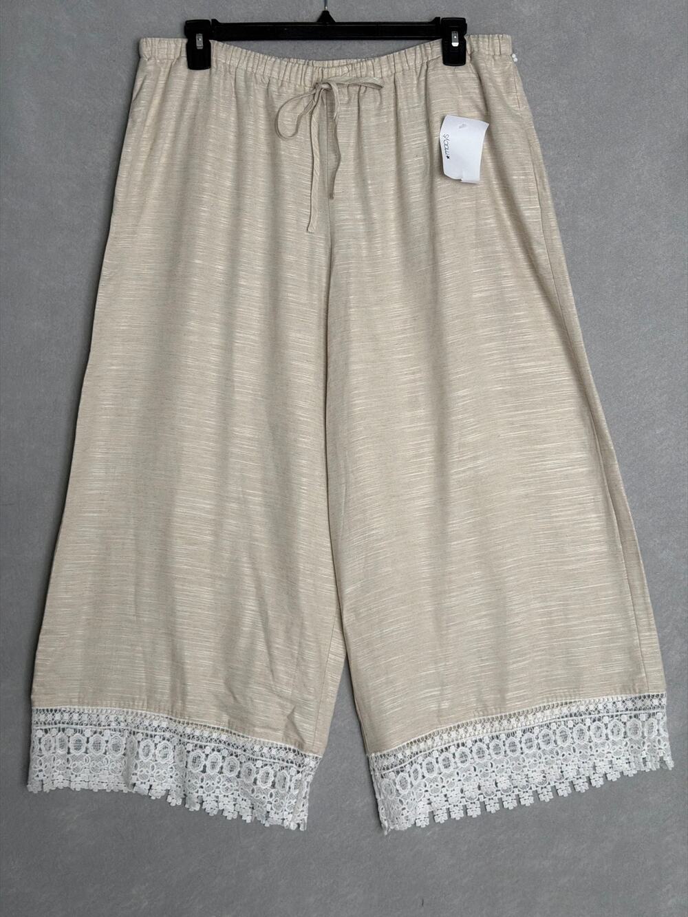 Parker Drawstring Pants Wide-Leg Lace Trim Beige Women's XL (New without Tags)